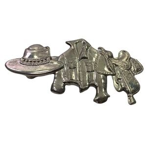 Vtg Western Hair Clip Barrette Cowboy Hat‎ Saddle Silvertone Metal Cowgirl Korea
